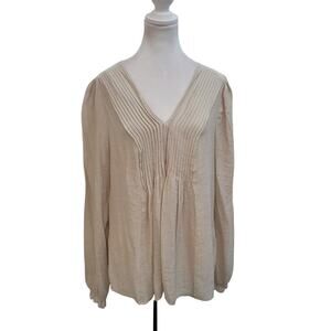 Nanette Lepore Size L Beige Pleated Front Long Sleeve Boho Peasant‎ Top Blouse